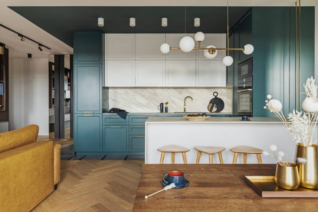 Luxury,Modern,And,Vintage,Turquoise,White,Kitchen.,Marble,Kitchen,Island